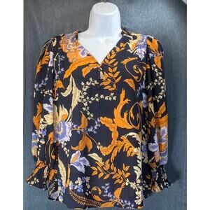Philosophy Womens PL Navy  Floral Pullover V-neck Ruffle details Sleeves Office